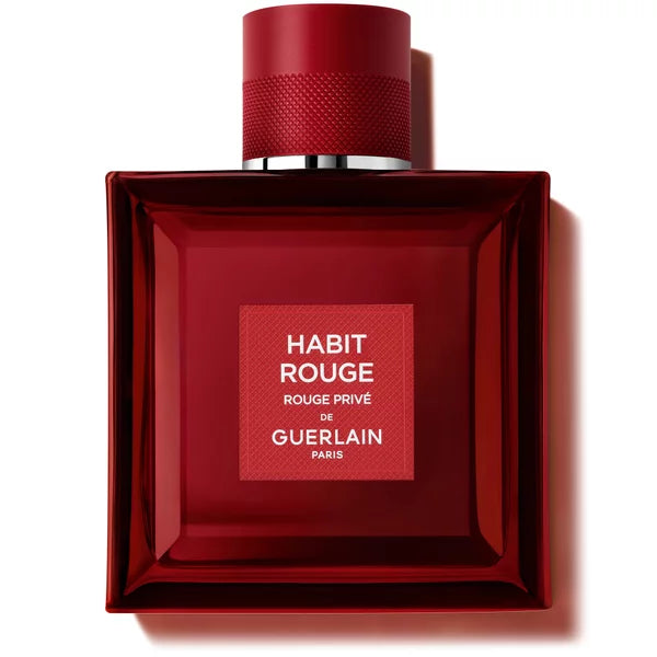 Flacon Habit Rouge Rouge Privé Guerlain, vue de face avec packaging.