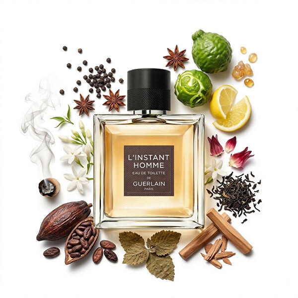 L'Instant de Guerlain pour Homme, flacon et coffret présentés ensemble.